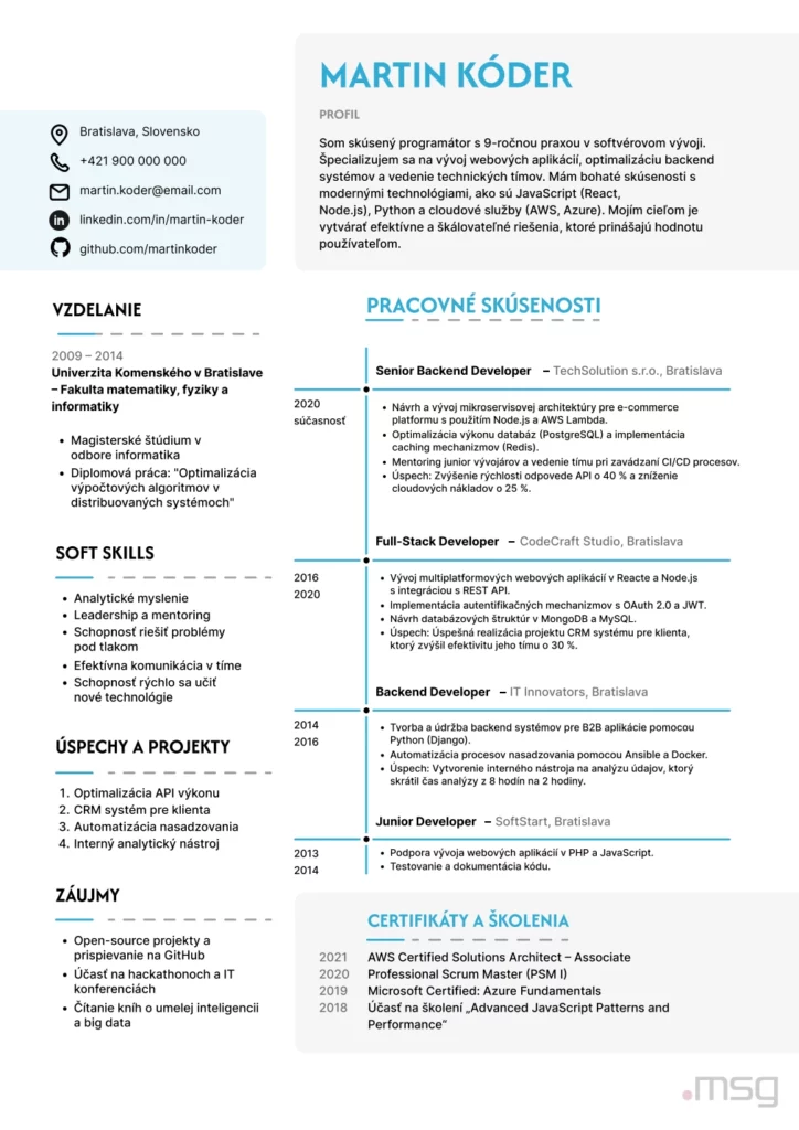 Vzor štruktúrovaného životopisu – msg life Slovakia Vzor štruktúrovaného životopisu