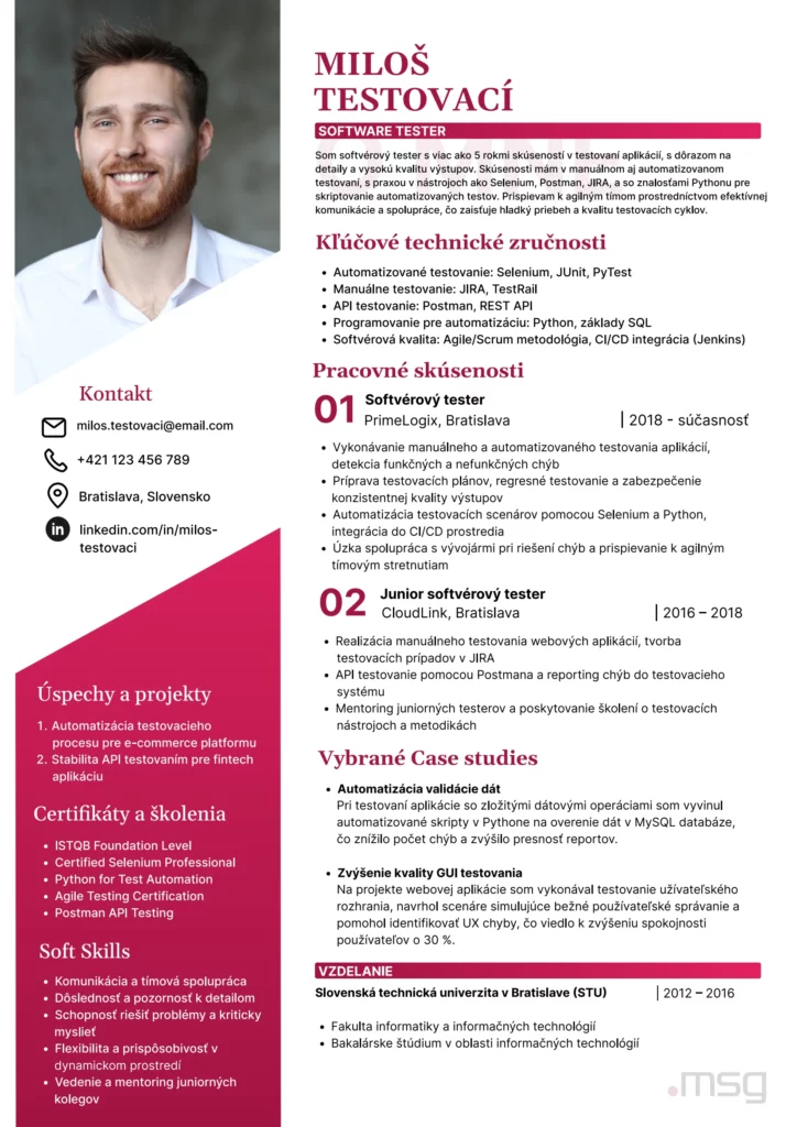Vzor profesijného CV – msg life Slovakia Vzor profesijného CV