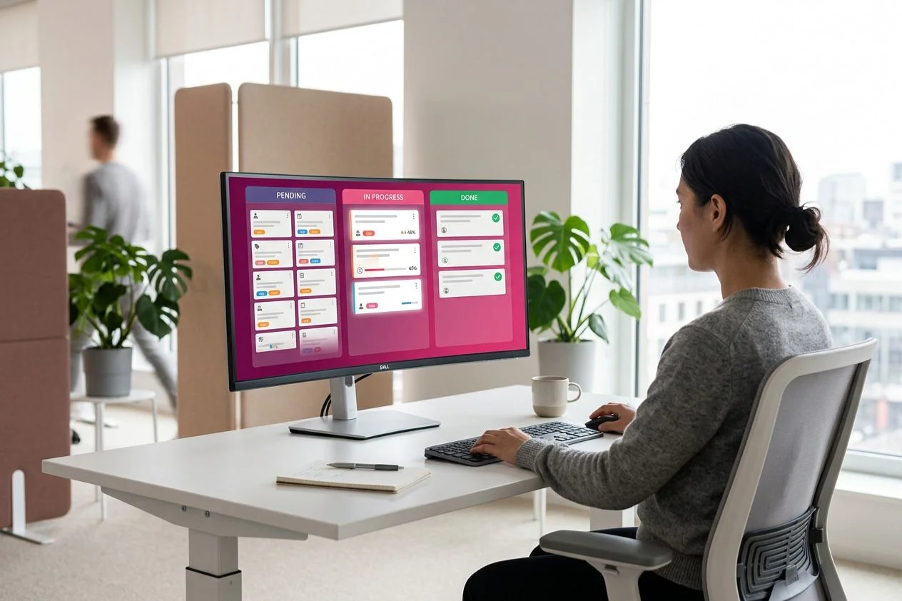 kanban-board-scrum-agilny-pristup – msg life Slovakia Žena sedí pri stole a na monitore má otvorenú tabuľu s úlohami v stĺpcoch pending, in progress a done.