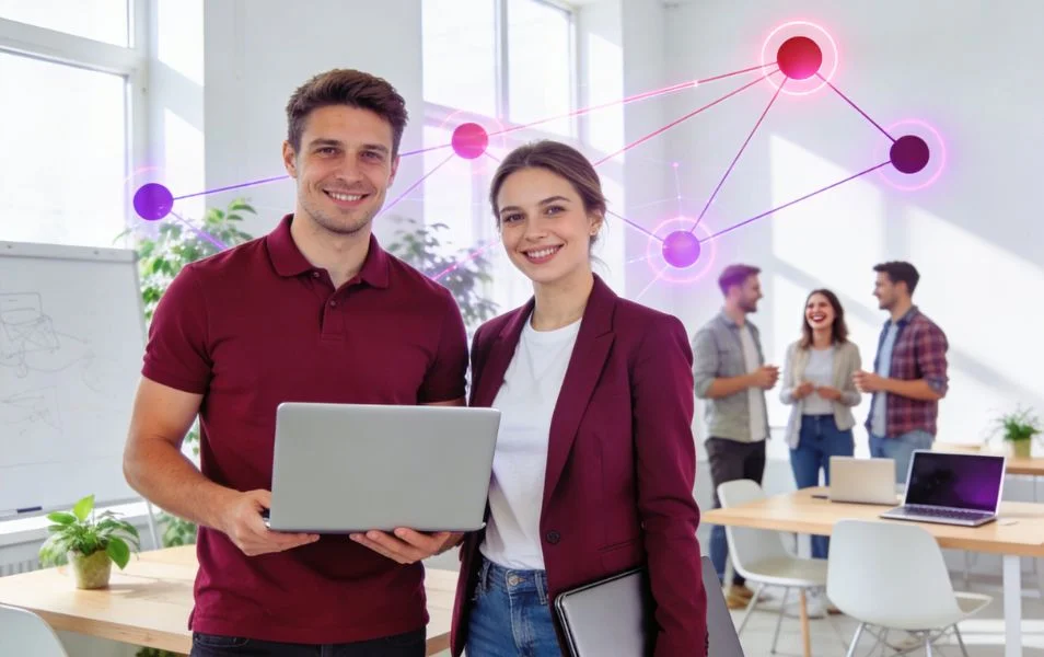 personal-branding-2026-silna-osobna-znacka-954x600 Muž a žena s notebookom stoja v kancelárii, za nimi sú kolegovia a prepojené body.