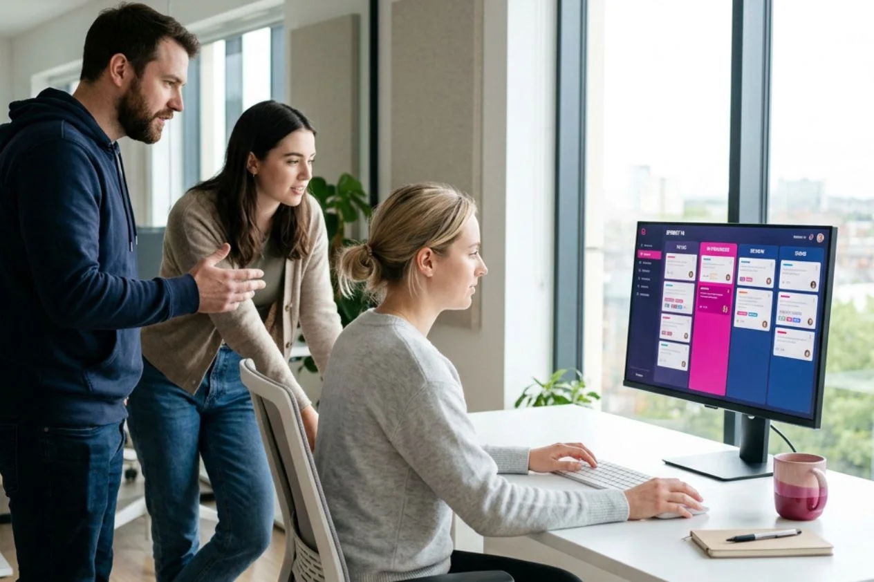 scrum-sprint-team-agilny-pristup – msg life Slovakia Traja kolegovia stoja pri stole a pozerajú na monitor s tabuľou úloh.