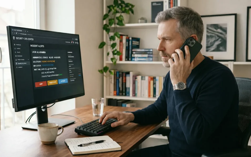 Cybersicherheit im Homeoffice für IT-Profis IT-Fachkraft im Homeoffice vor Monitor mit Sicherheitswarnung während eines Cybersecurity-Vorfalls