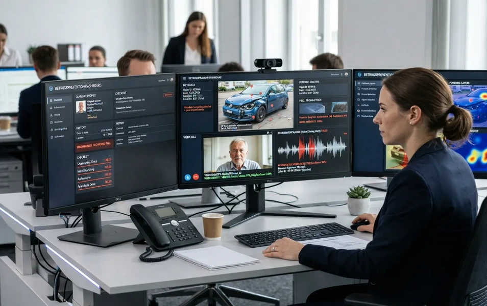 Deepfakes erkennen in der Cybersicherheit Mitarbeiterin analysiert Inhalte auf mehreren Monitoren zur Deepfake-Erkennung