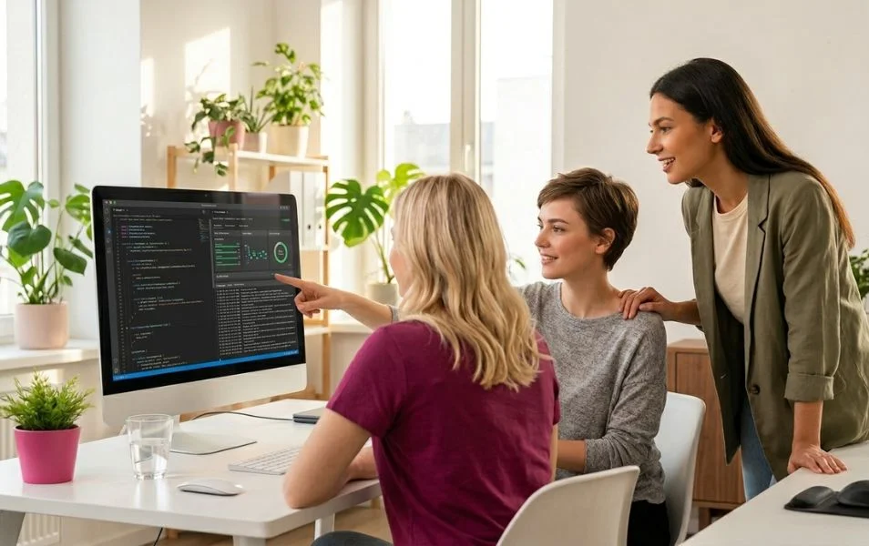 leaky-pipeline-kde-IT-prichadza-o-zeny-954x600 Ženy v IT spolupracujú pri monitore s kódom a riešia technické zadanie v tíme.